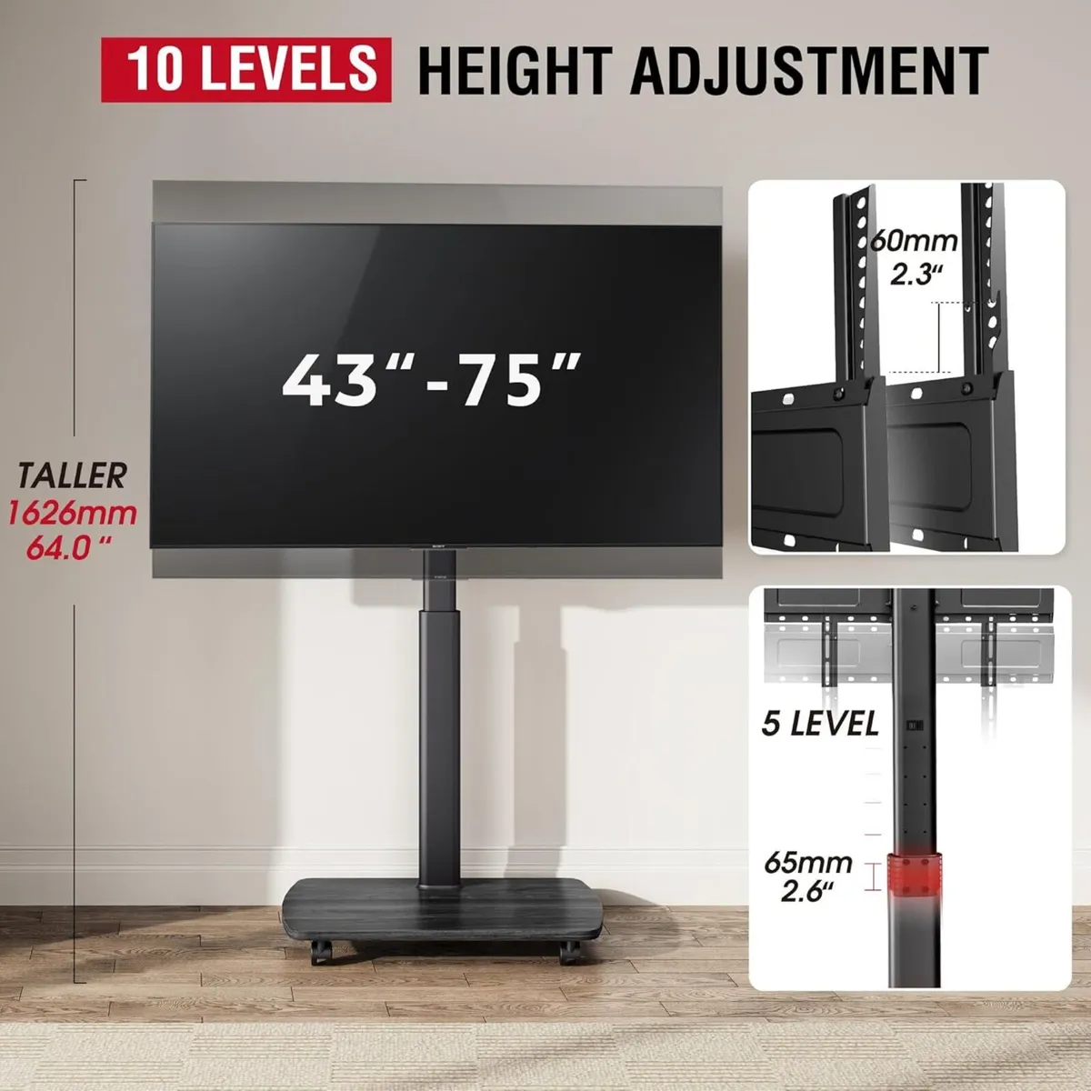 Mobile TV Stand on Wheels with Wooden Base for - Image 4