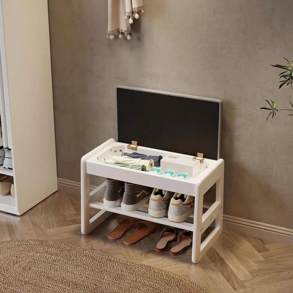 Small Shoe Bench with Cushion Storage Seat Wooden - Image 1
