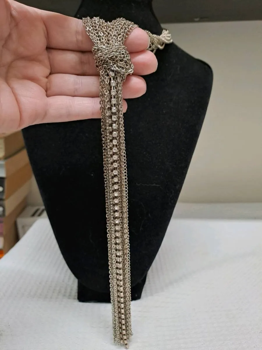 Silver Tone Multi-Chain Tassel Statement Necklace - Image 2