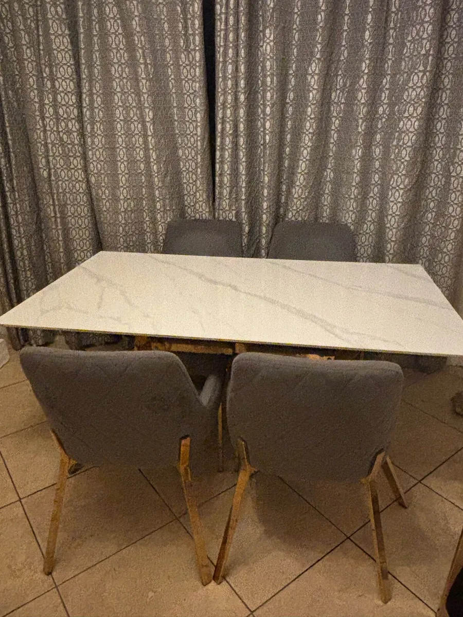 Solid marble white table, 4 velvet gray chairs - Image 1
