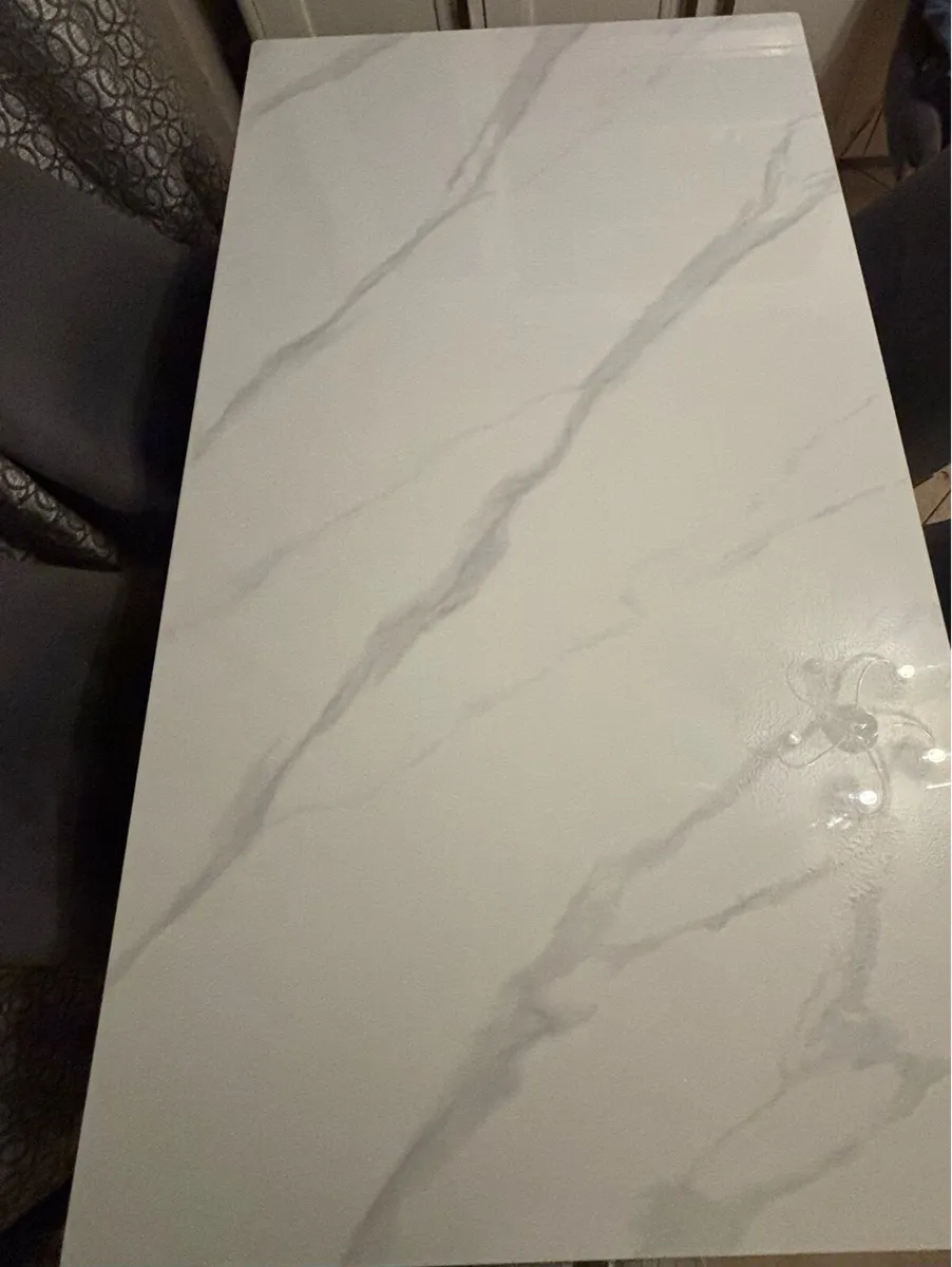 Solid marble white table, 4 velvet gray chairs - Image 3