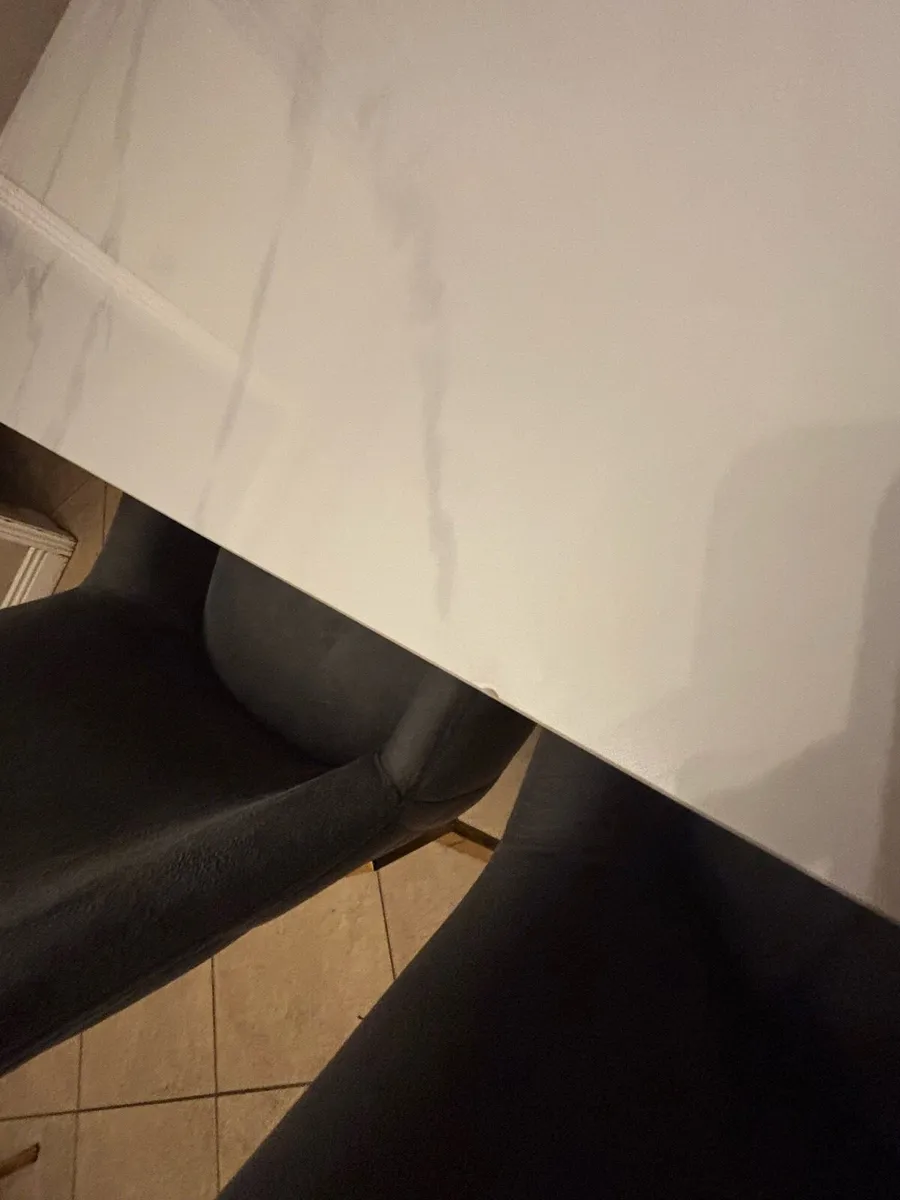 Solid marble white table, 4 velvet gray chairs - Image 4