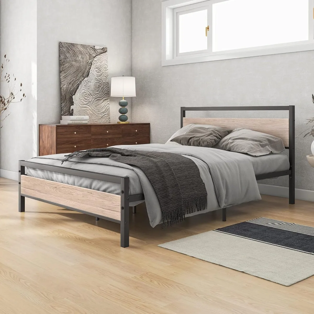 4ft6 Double Bed Frames with Wood Headboard Heavy - Image 1