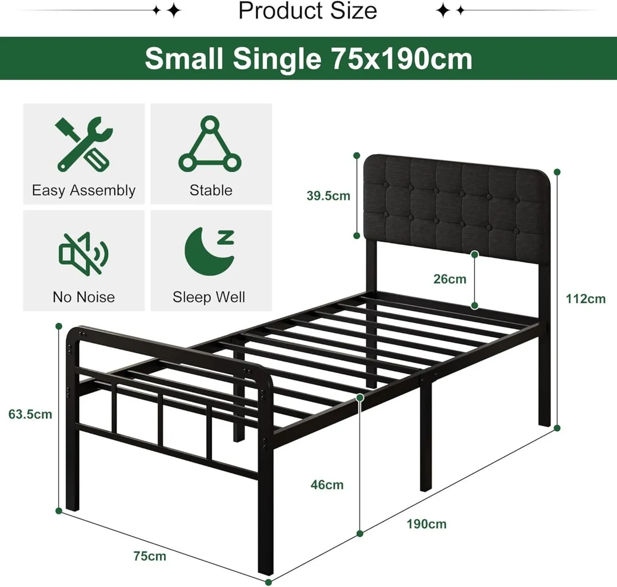46 cm High Small Single Bed Frame with Upholstered - Image 2