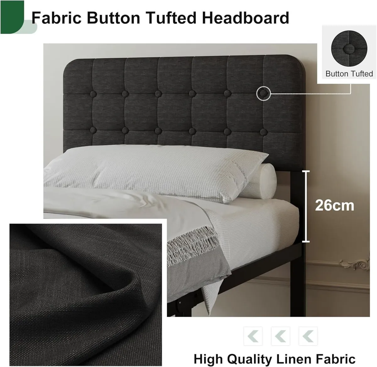 46 cm High Small Single Bed Frame with Upholstered - Image 3