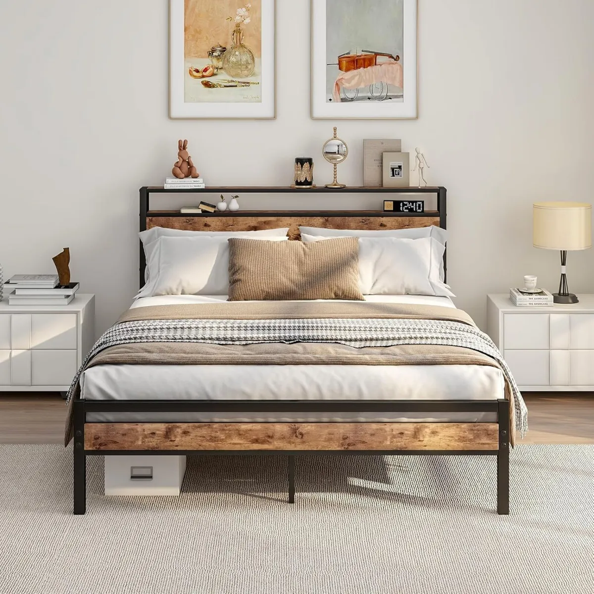 King Size Bed Frame with Storage Wooden Headboard - Image 1