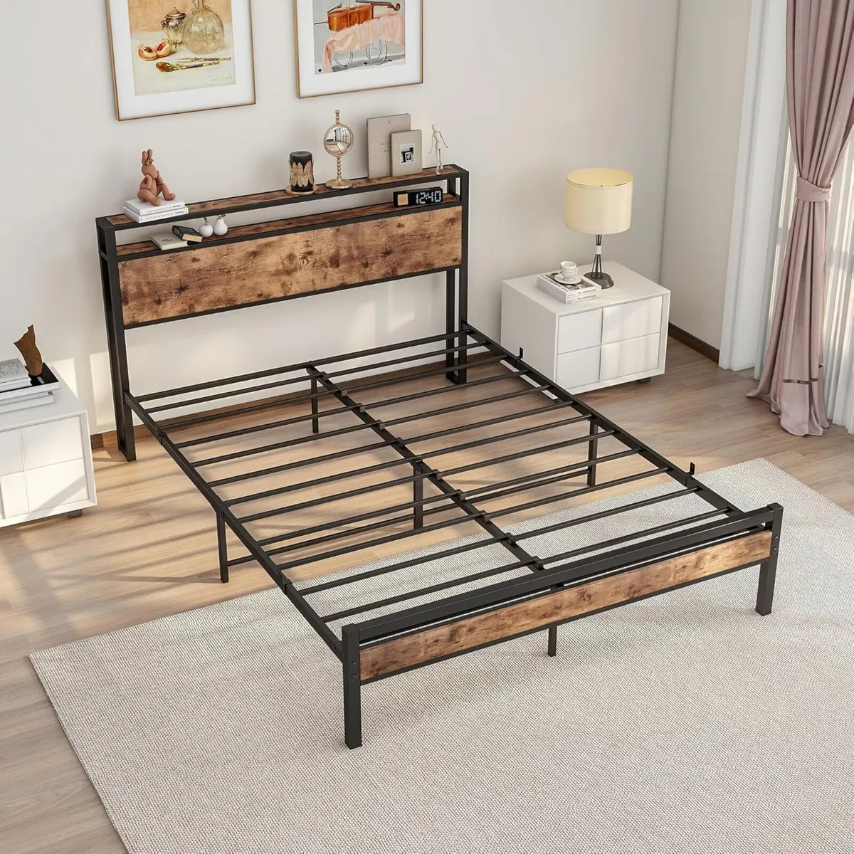 King Size Bed Frame with Storage Wooden Headboard - Image 4