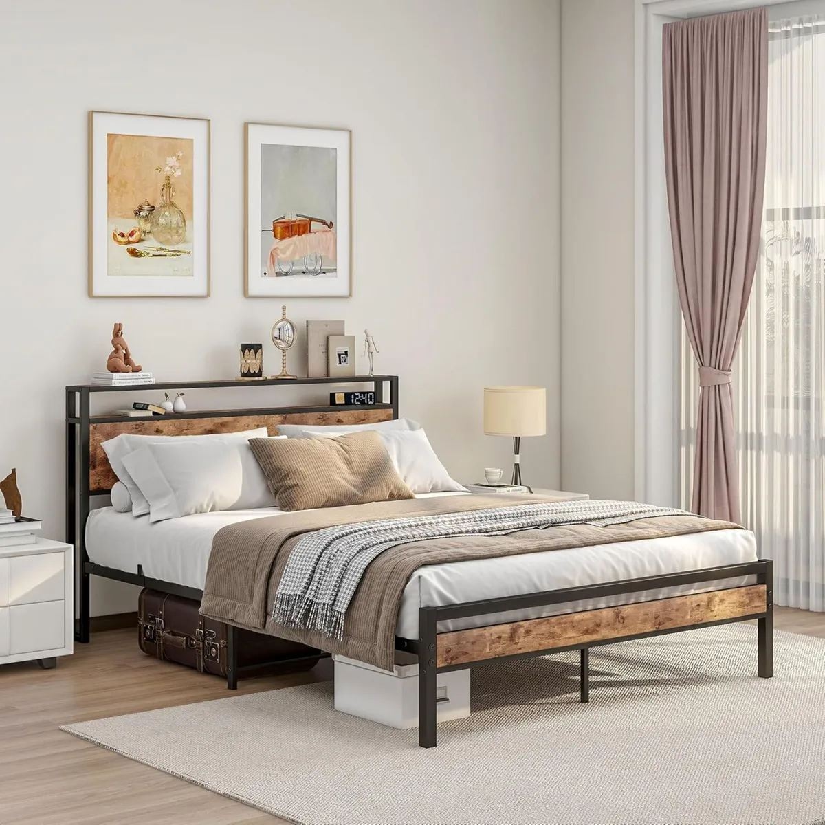 King Size Bed Frame with Storage Wooden Headboard - Image 3