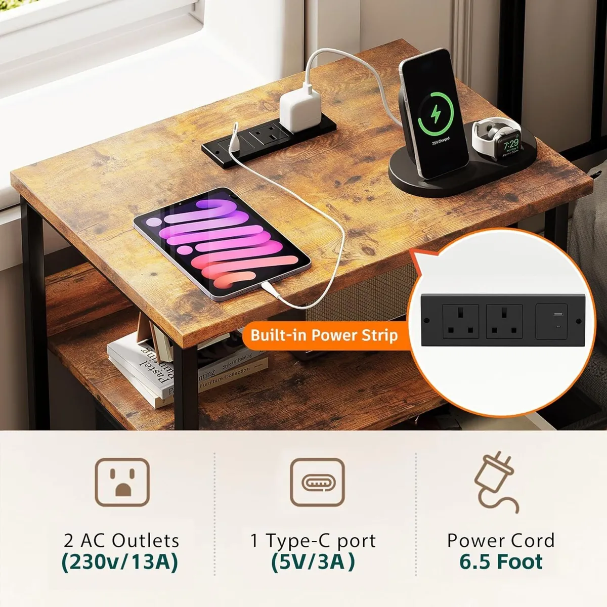 Bedside Table with Charging Station Small for - Image 3