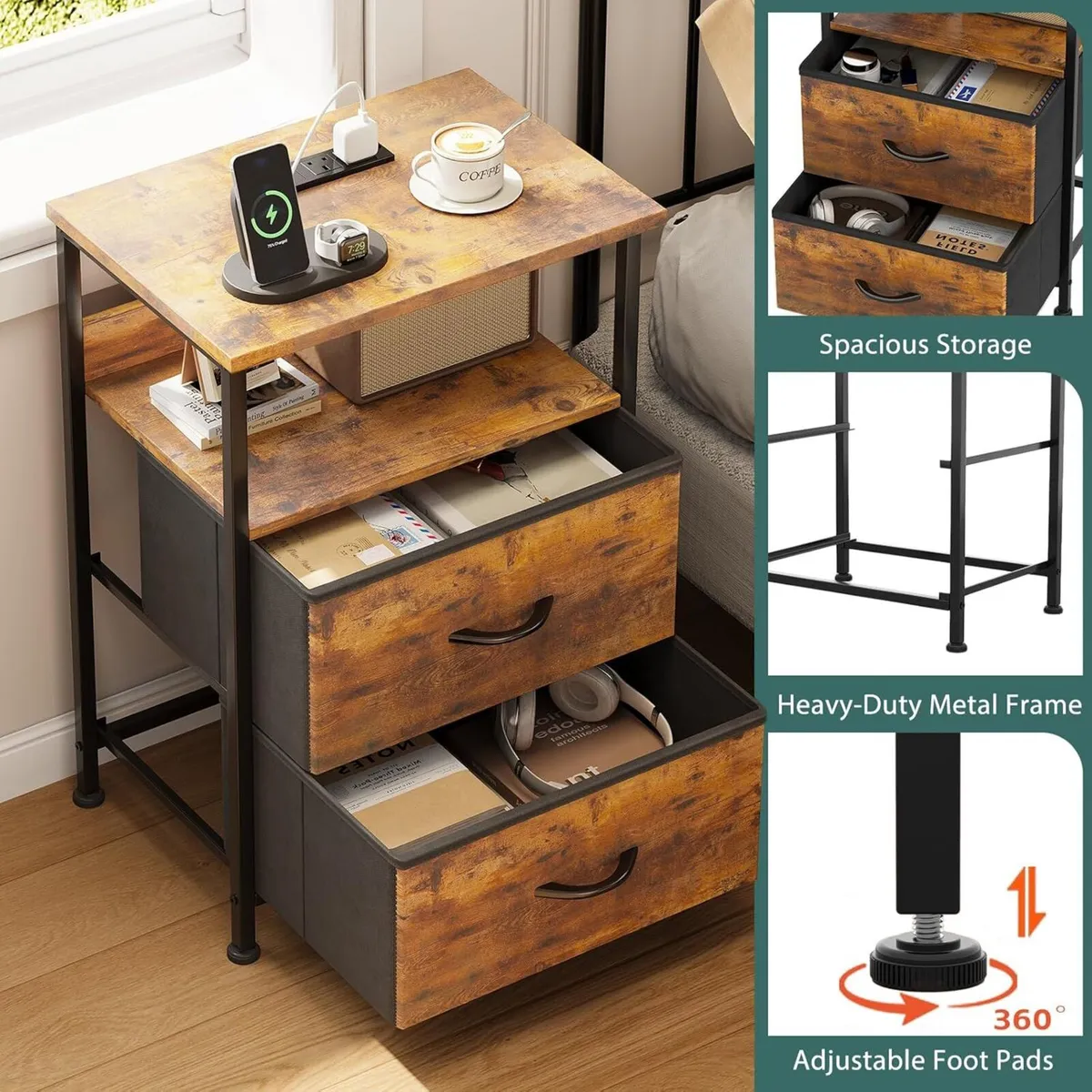 Bedside Table with Charging Station Small for - Image 4