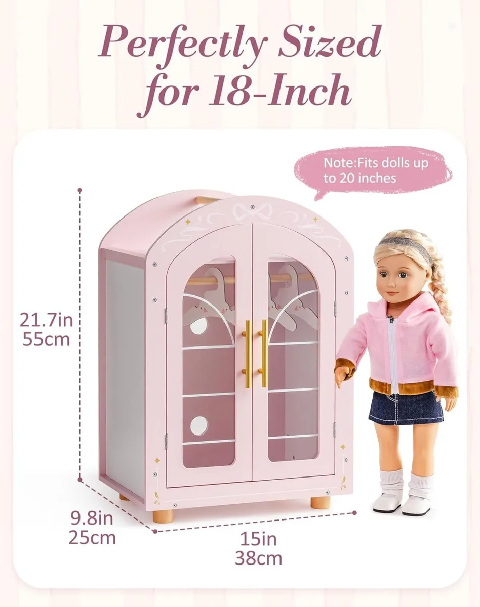 Wooden Doll Wardrobe for 16-18 inch Dolls Clothes - Image 2