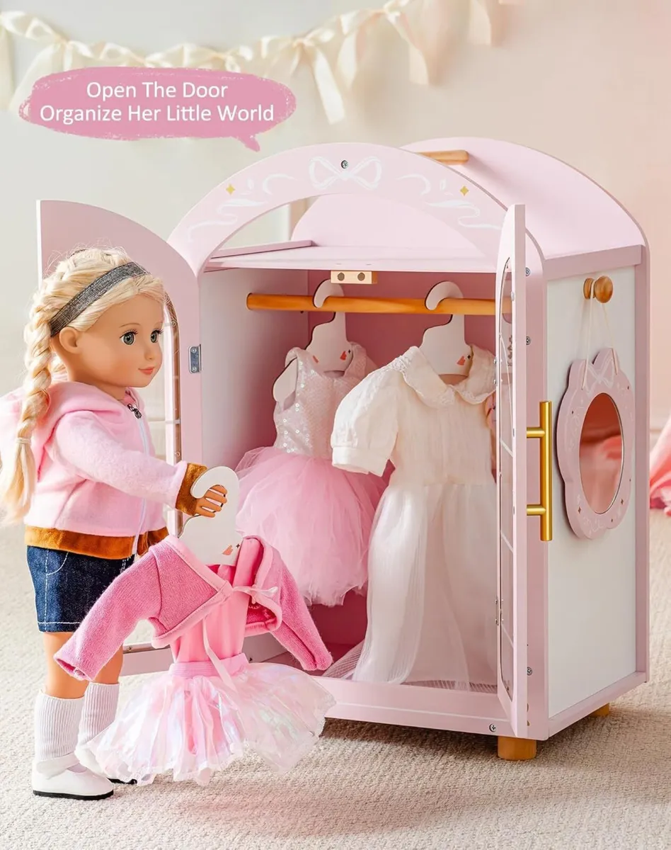 Wooden Doll Wardrobe for 16-18 inch Dolls Clothes - Image 4
