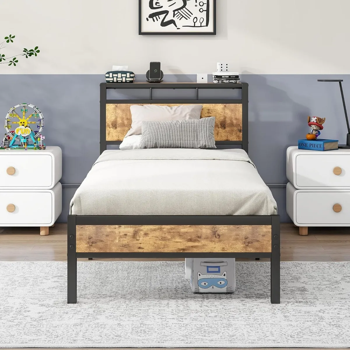 Single Bed Frame with Wooden Storage Shelf - Image 3