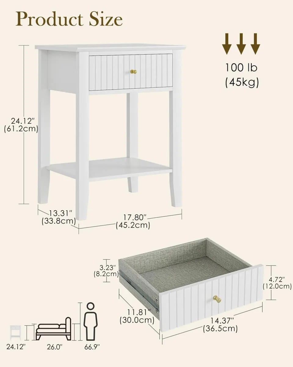 Bedside Table Chest of 1 Drawer Cabinet Wooden - Image 2