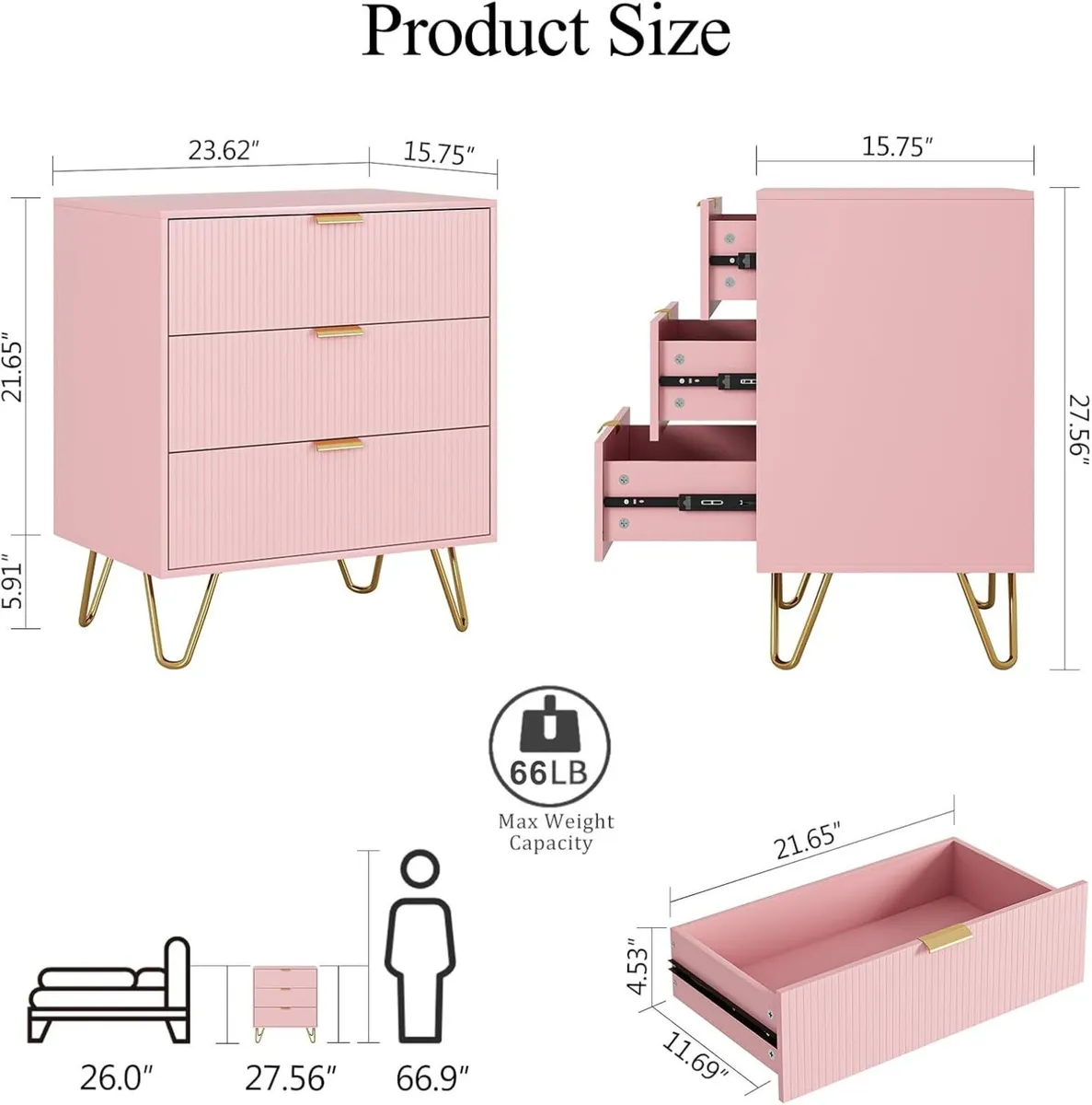 Bedside Table with 3 Drawers Chest of Bedroom - Image 2