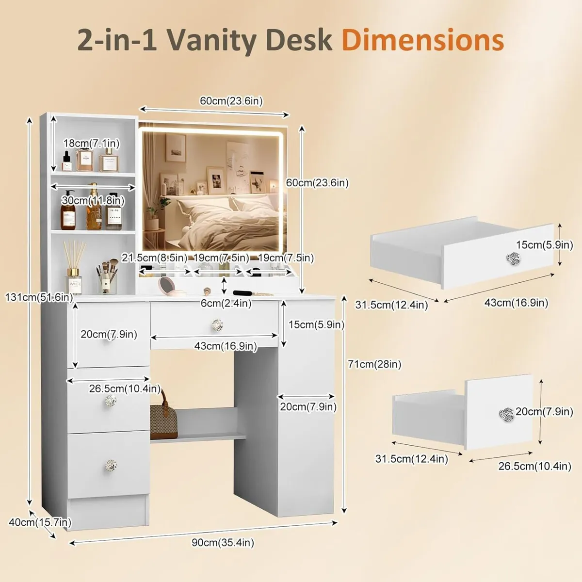 White Dressing Table with LED Mirror Side Cabinet - Image 2