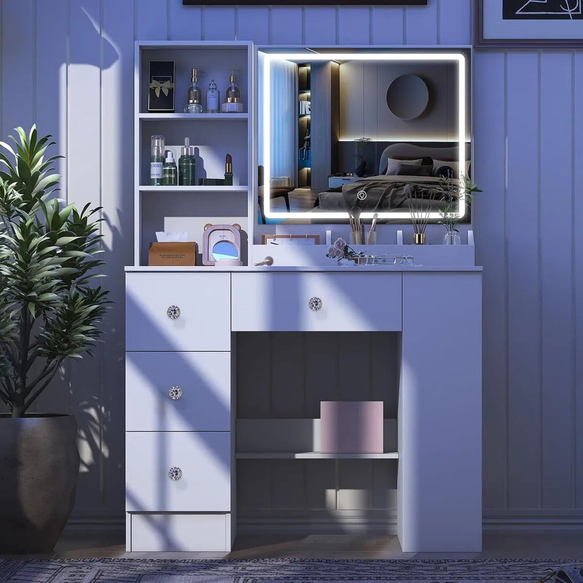 White Dressing Table with LED Mirror Side Cabinet - Image 4