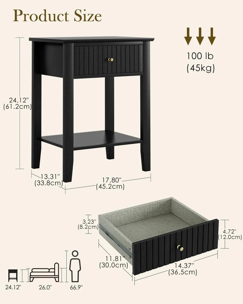 Bedside Table Chest of 1 Drawer Cabinet Wooden - Image 2