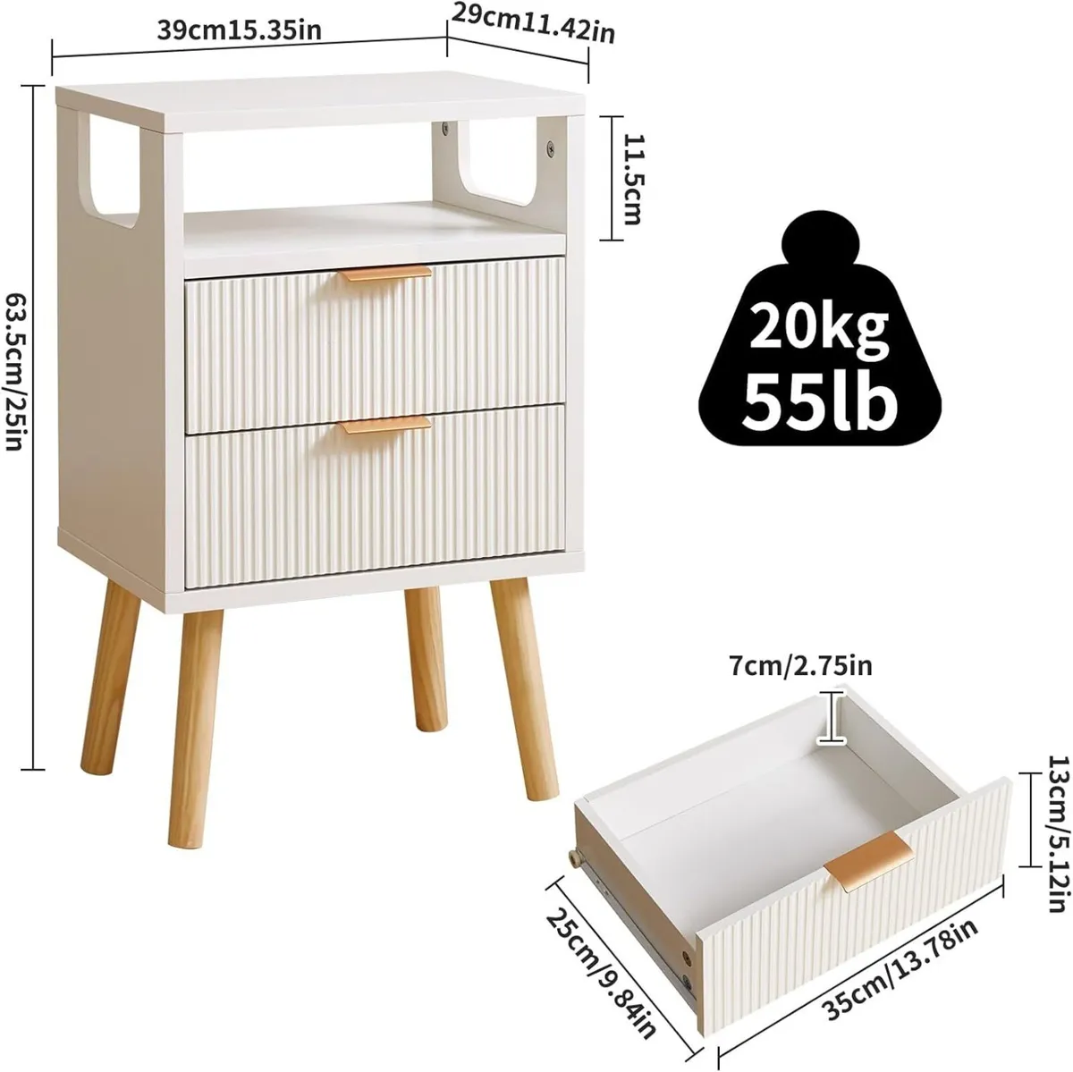 Bedside Table with 2 Storage Drawers Wooden - Image 3