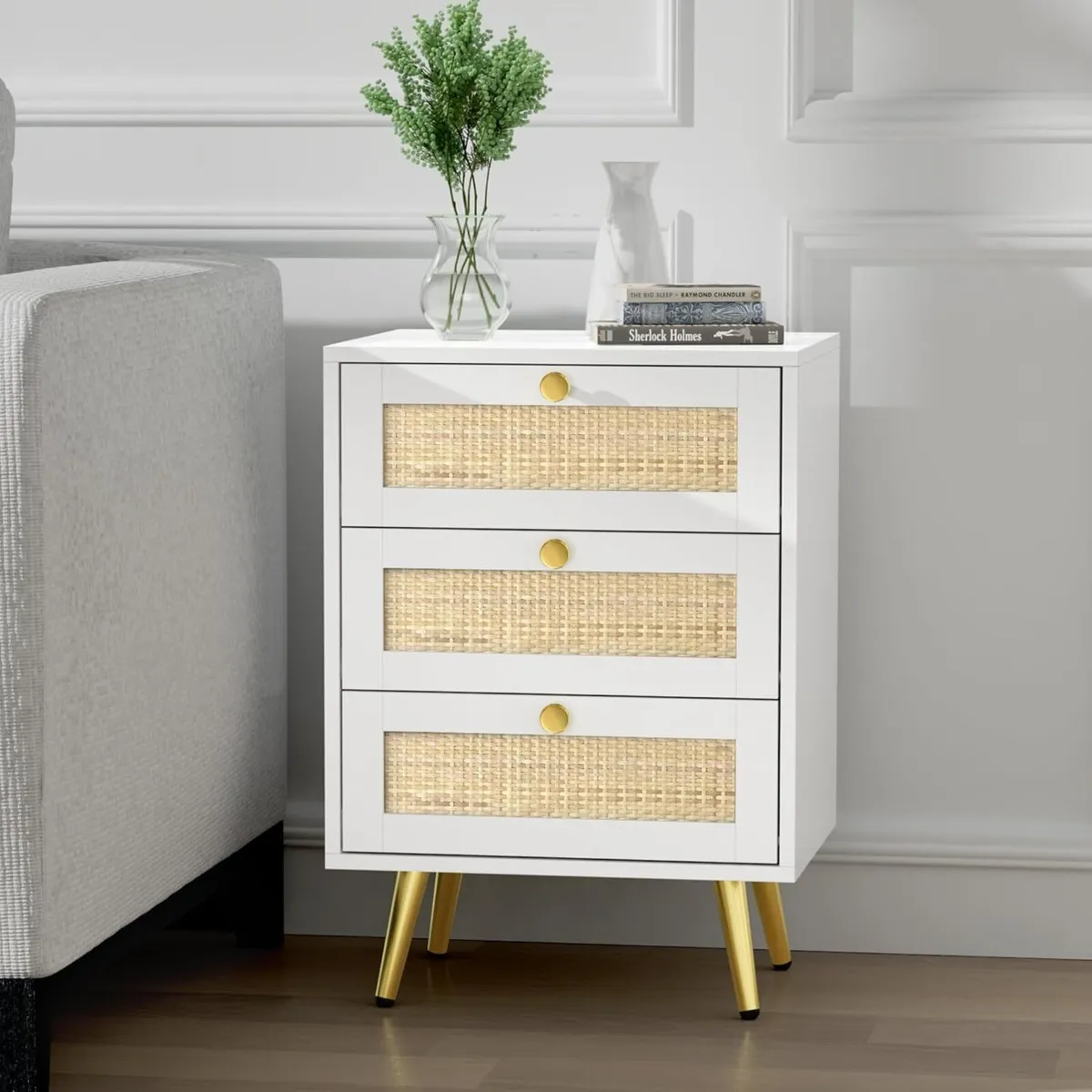 white Bedside Table with 3 Drawers Rattan - Image 1