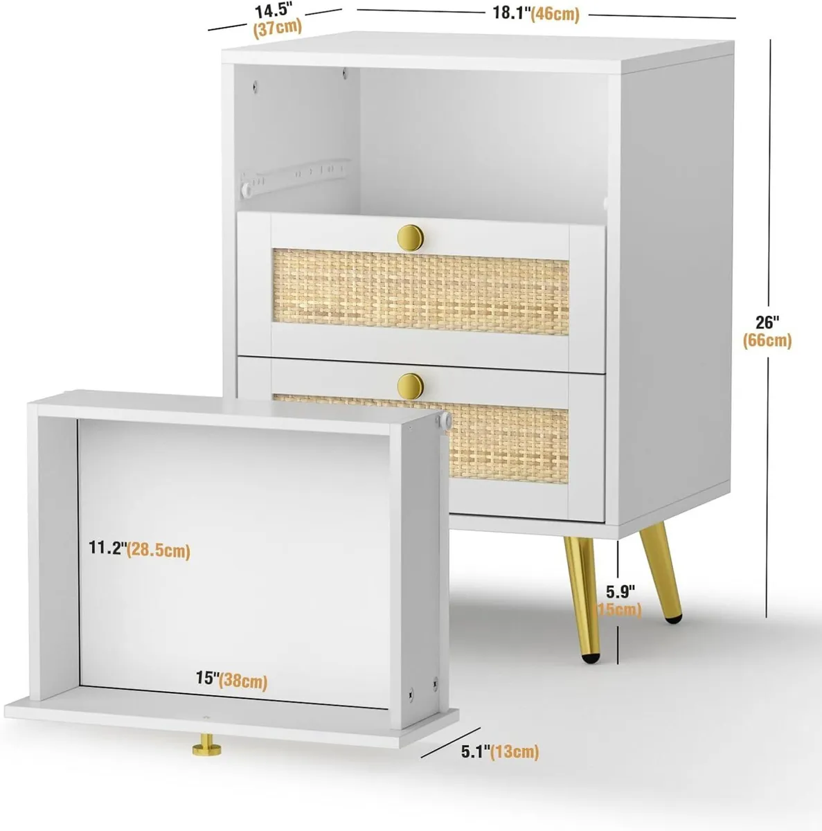 white Bedside Table with 3 Drawers Rattan - Image 2