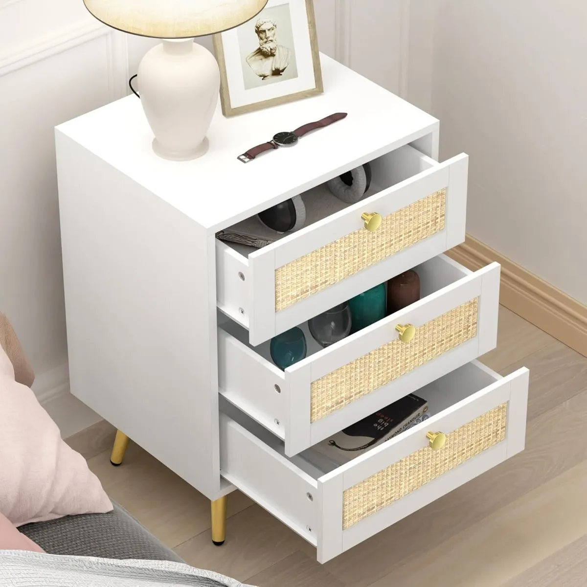white Bedside Table with 3 Drawers Rattan - Image 4