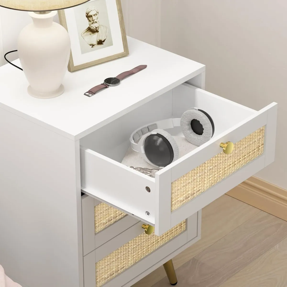 white Bedside Table with 3 Drawers Rattan - Image 3