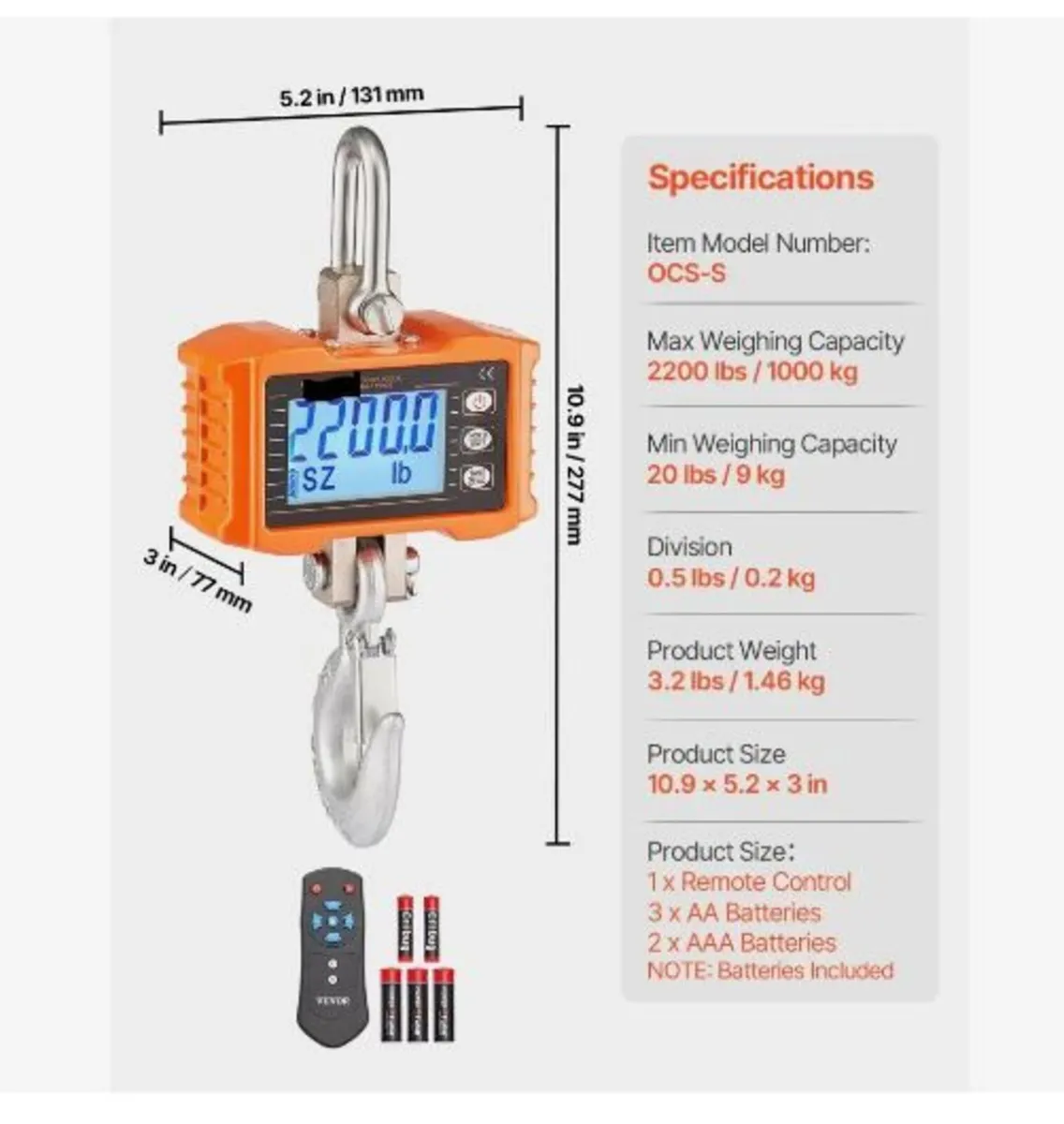 Digital Crane Scale, 2200 lbs/1000 kg - Image 2