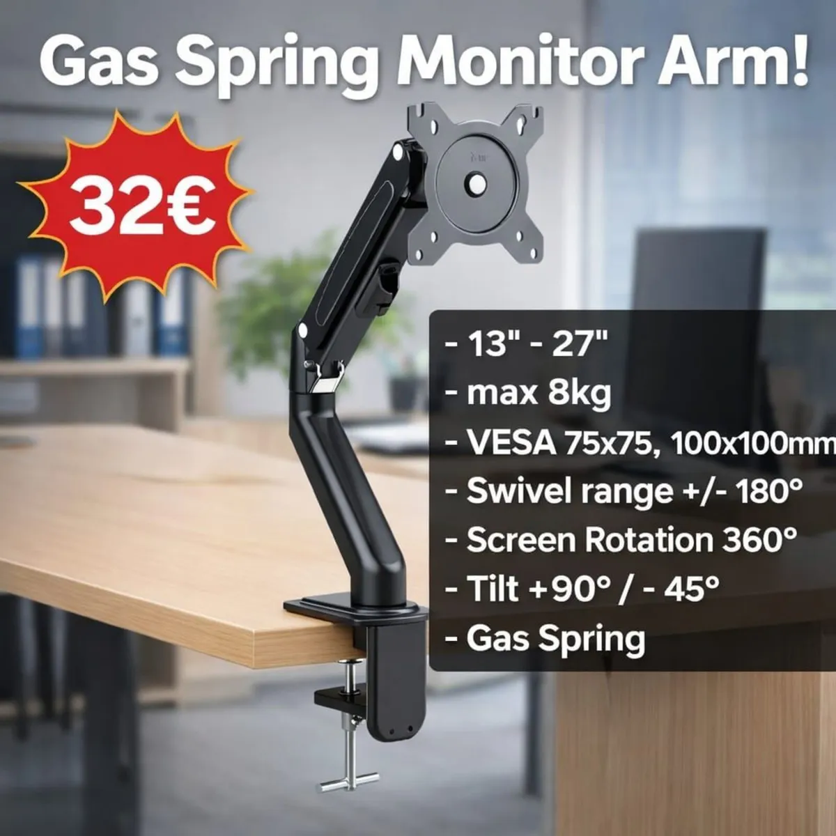 TV Monitor Desk Mount Bracket Tilt Swivel 13-27" - Image 1