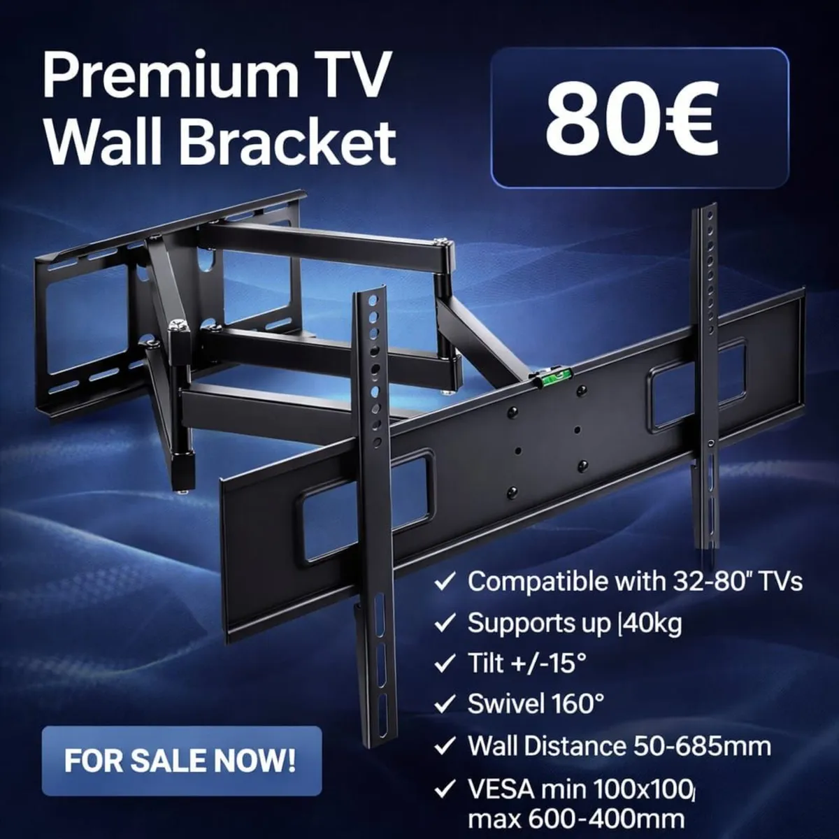 Tv Wall Bracket Tilt Swivel Long Arm 32"- 80" - Image 1