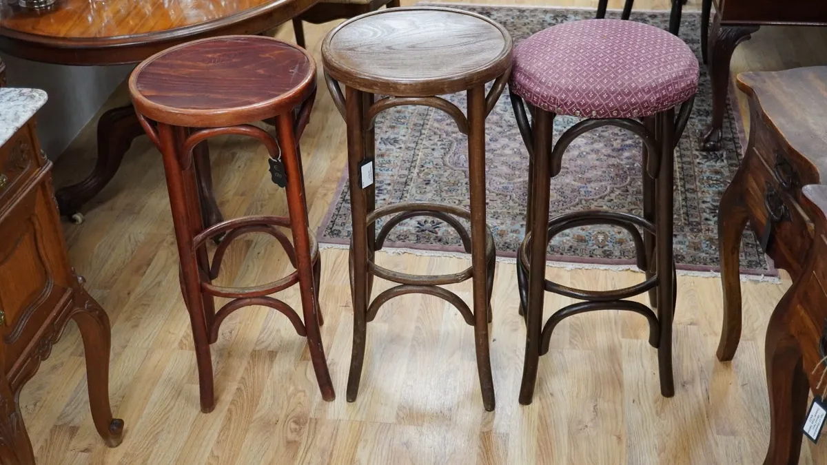 Three Vintage Bentwood High Bar Stools - Image 2