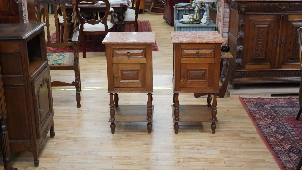 Pair of French Oak Bedside Tables with Pink Marble - Image 1