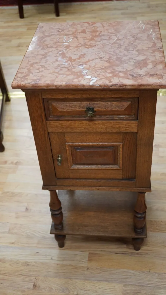 Pair of French Oak Bedside Tables with Pink Marble - Image 3