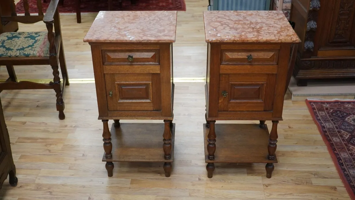 Pair of French Oak Bedside Tables with Pink Marble - Image 2