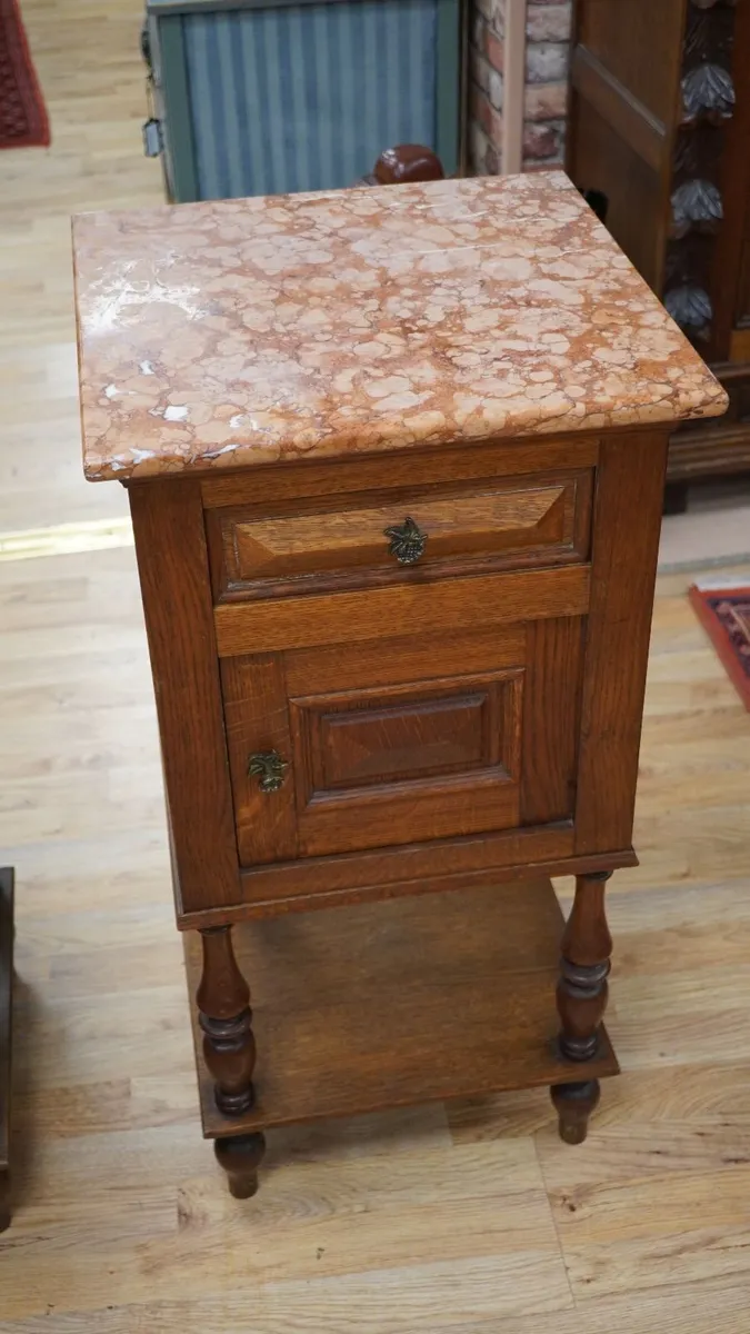 Pair of French Oak Bedside Tables with Pink Marble - Image 4