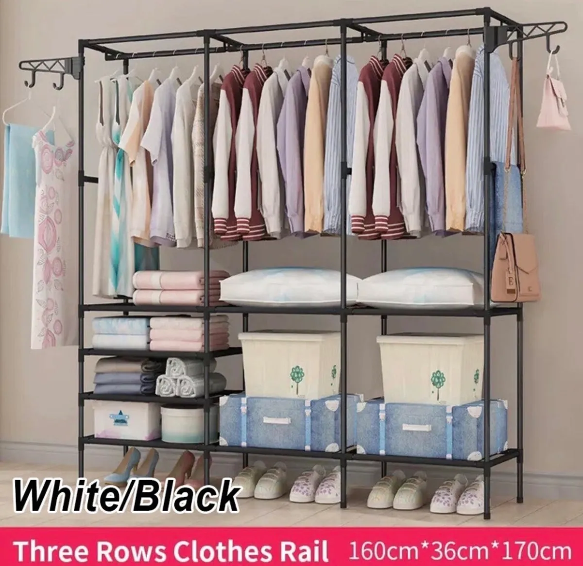 Portable Metal Clothes Rail Rack with Shelves NEW - Image 1