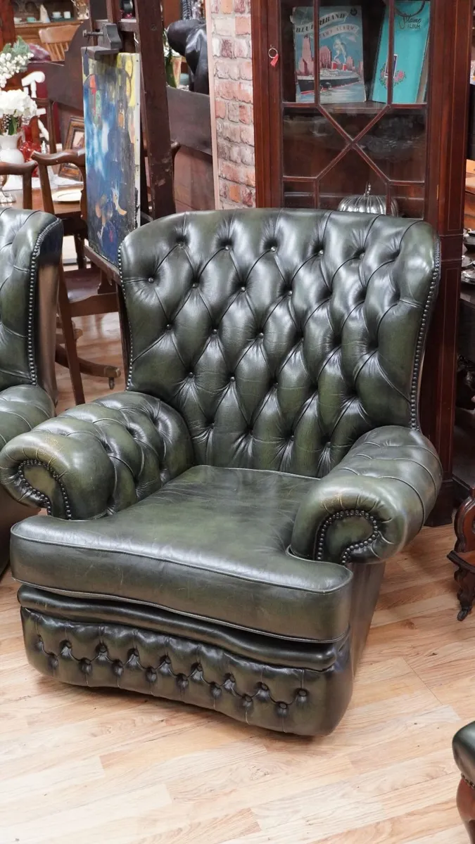 Pair of Green Leather Chesterfield Club Armchairs - Image 3