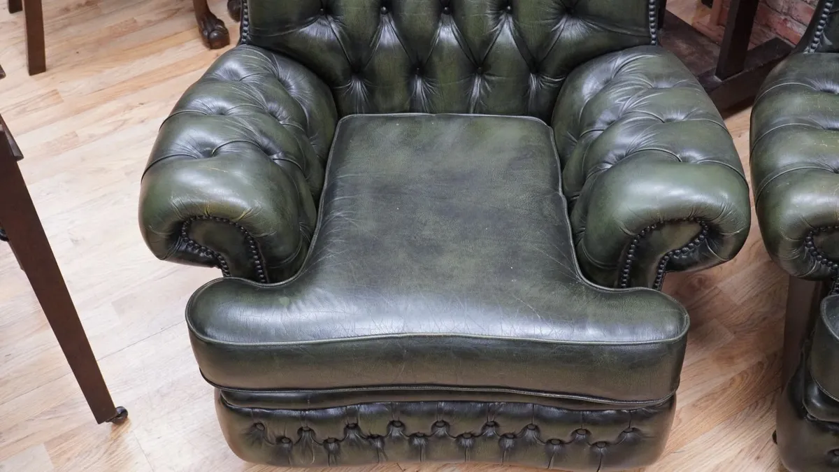 Pair of Green Leather Chesterfield Club Armchairs - Image 4