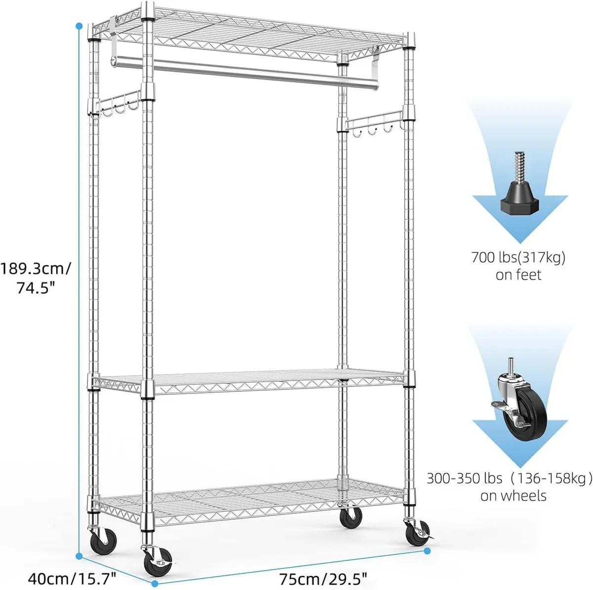 Heavy Duty Rolling Garment Rack 3 Tiers Adjustable - Image 3
