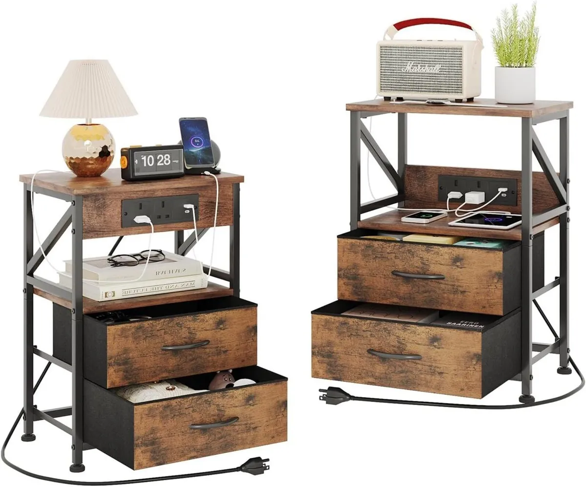 2 PCS Bedside Table with Power Strip Cabinet - Image 1