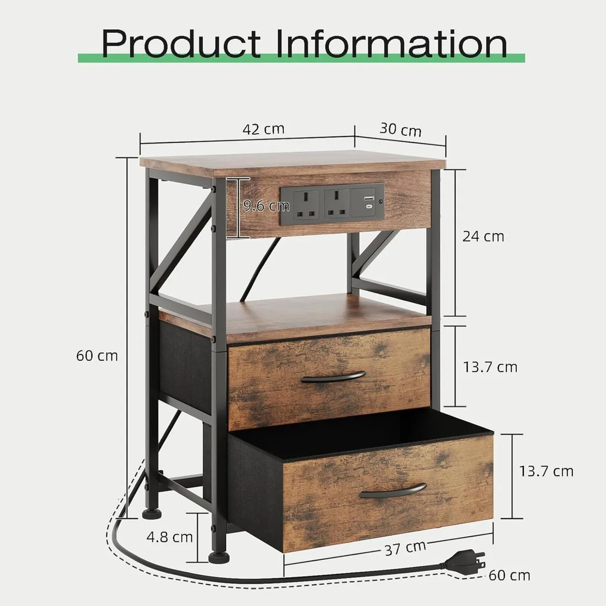 2 PCS Bedside Table with Power Strip Cabinet - Image 2