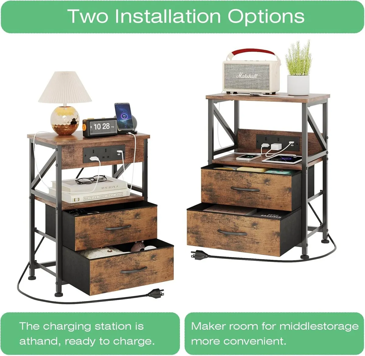 2 PCS Bedside Table with Power Strip Cabinet - Image 4