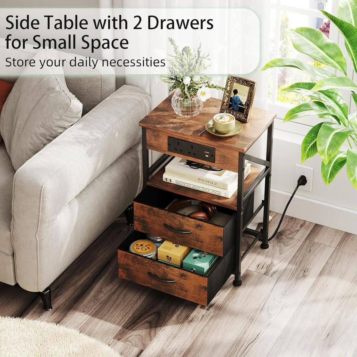 2 PCS Bedside Table with Power Strip Cabinet - Image 3