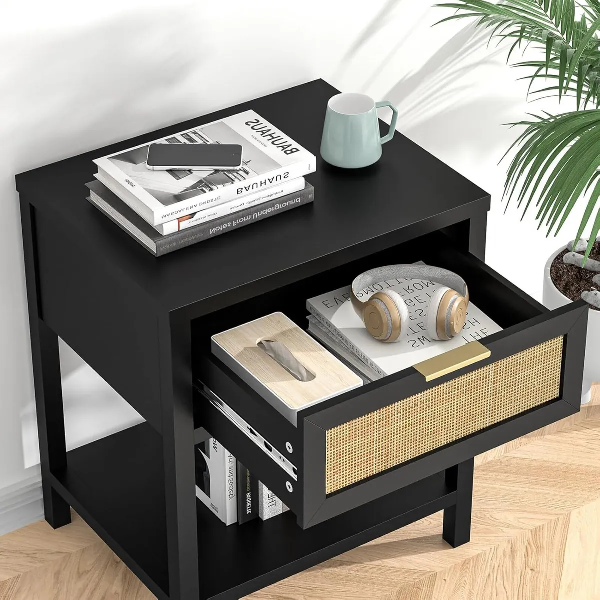 Black Bedside Table Set of 2 - Rattan Nightstand - Image 2