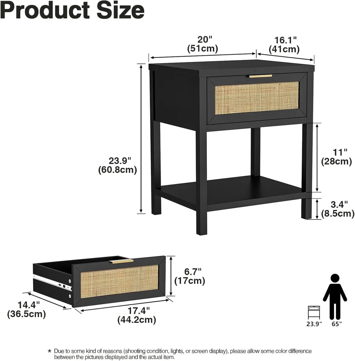 Black Bedside Table Set of 2 - Rattan Nightstand - Image 3