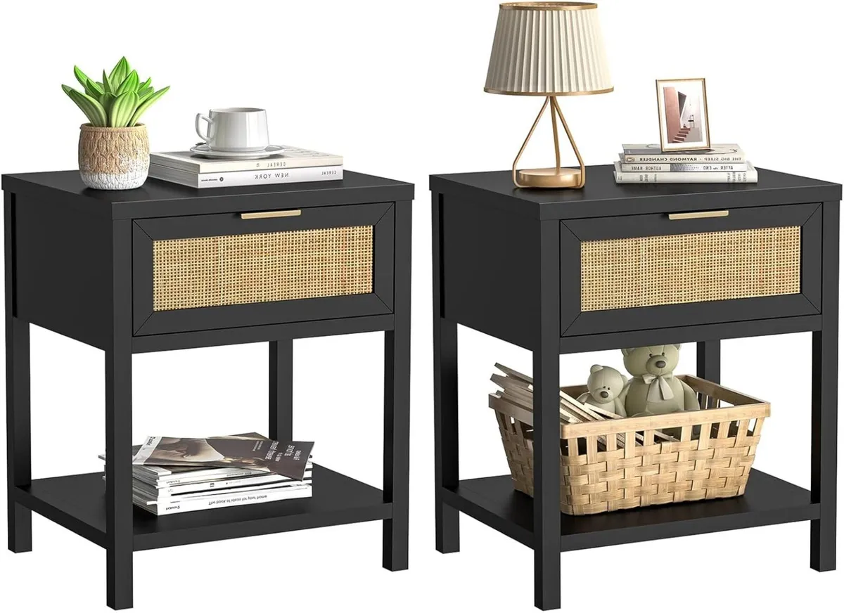 Black Bedside Table Set of 2 - Rattan Nightstand - Image 1