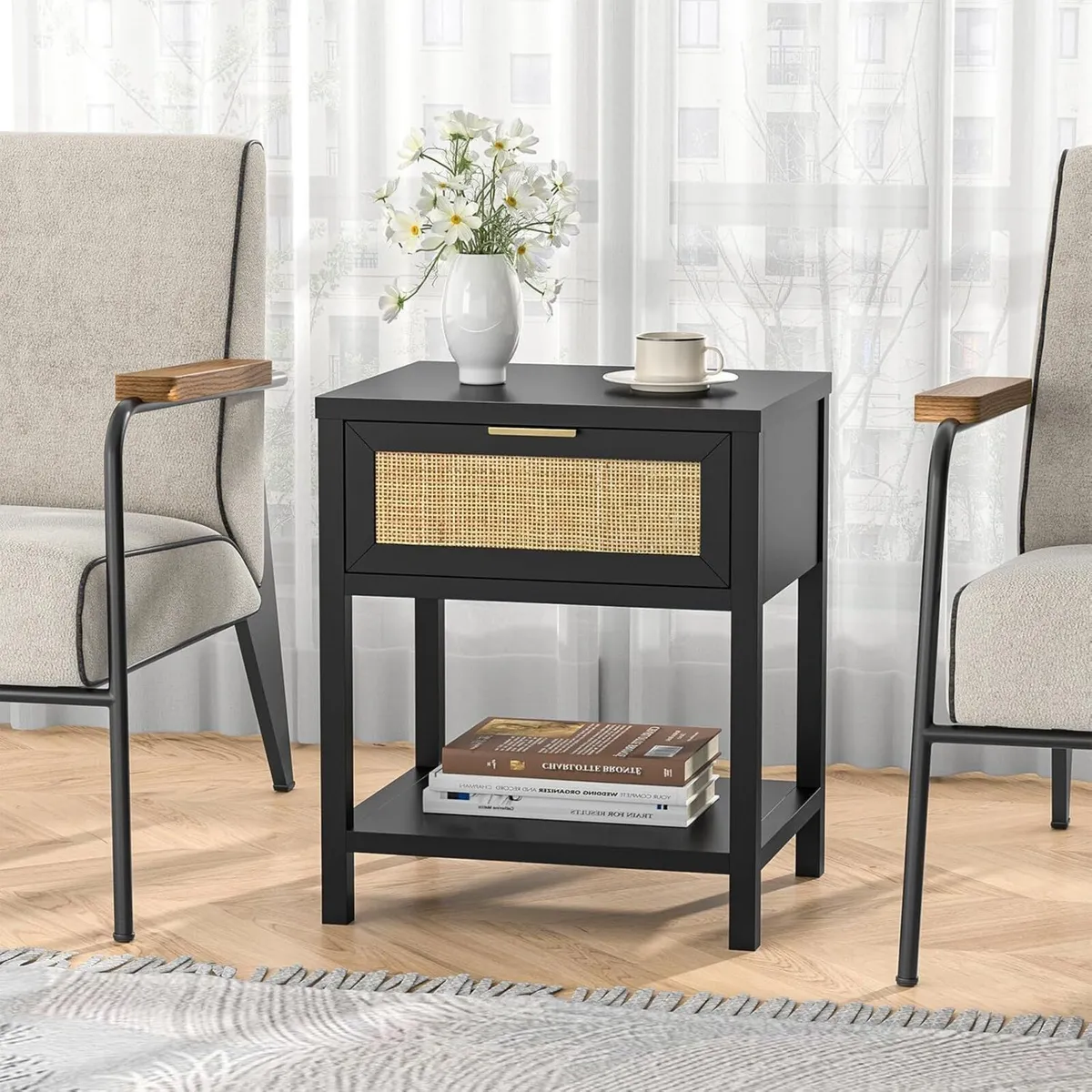 Black Bedside Table Set of 2 - Rattan Nightstand - Image 4