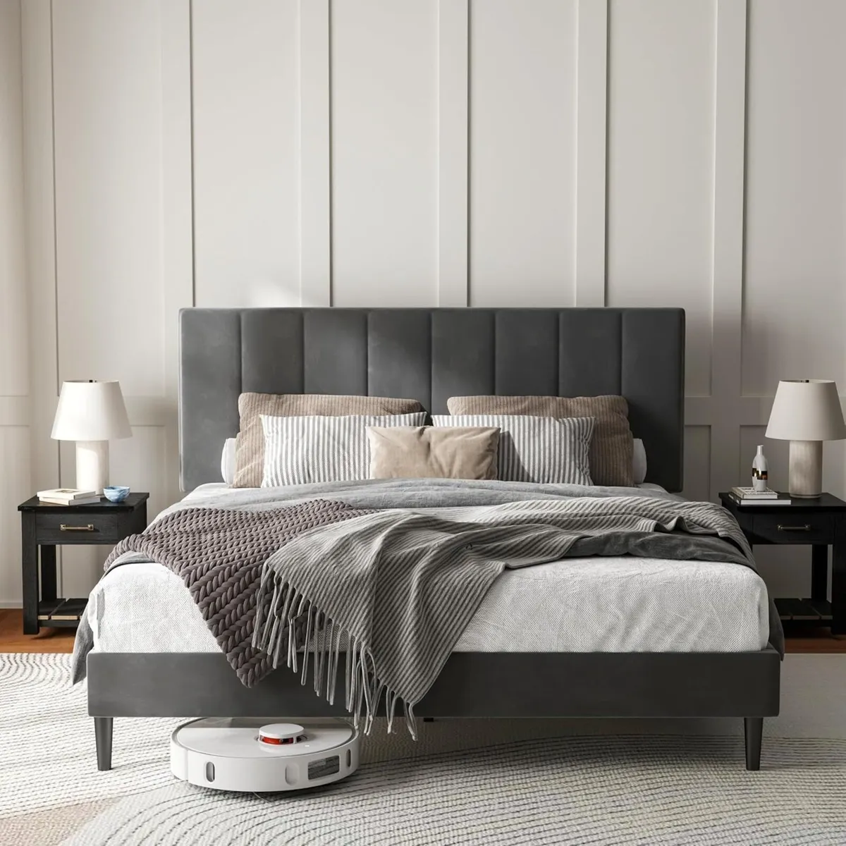 Single Bed Frame Dark Grey Upholstered Platform - Image 1