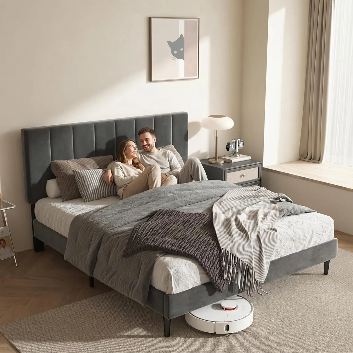 Single Bed Frame Dark Grey Upholstered Platform - Image 3