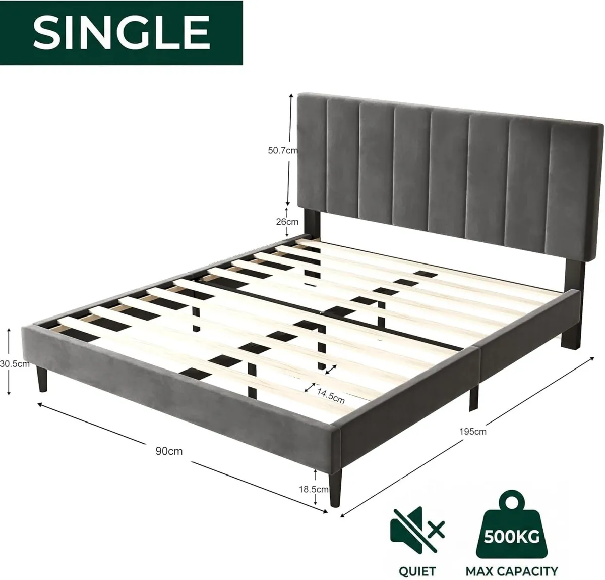Single Bed Frame Dark Grey Upholstered Platform - Image 2